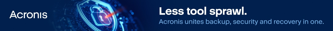 Acronis banner featuring a blue shield graphic and the headline 'Less tool sprawl' with the subtitle 'Acronis unites backup, security and recovery in one.'