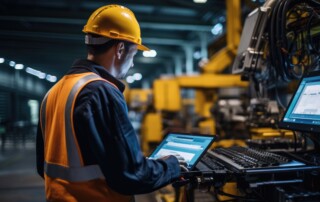 Factory working using a tablet to check on machinery