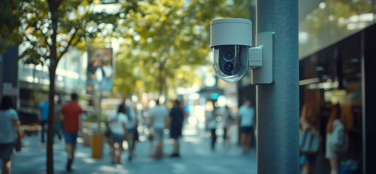 Surveillance camera monitoring a busy outdoor shopping area