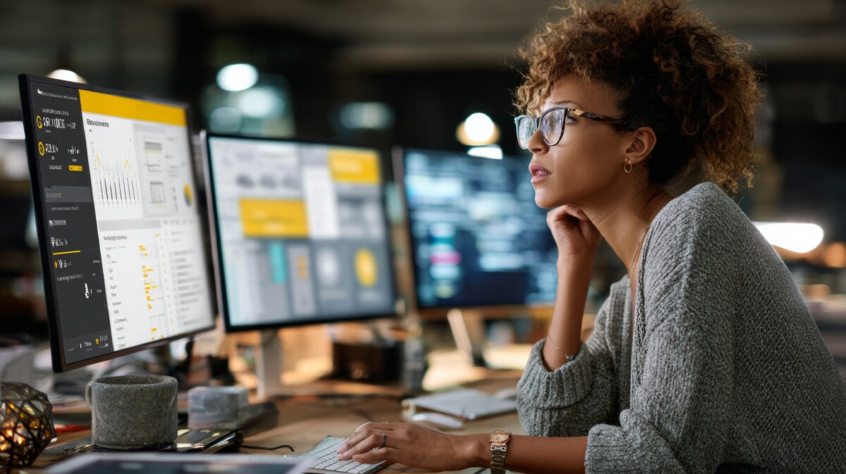 A woman sitting at a desk with two computer monitors in front of her