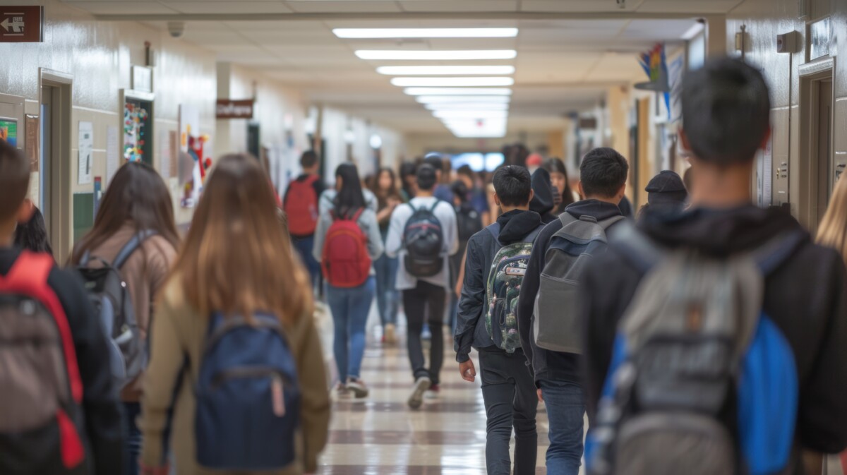 School students walking in a busy hallway