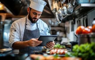 Male chef using a digital tablet in a kitchen