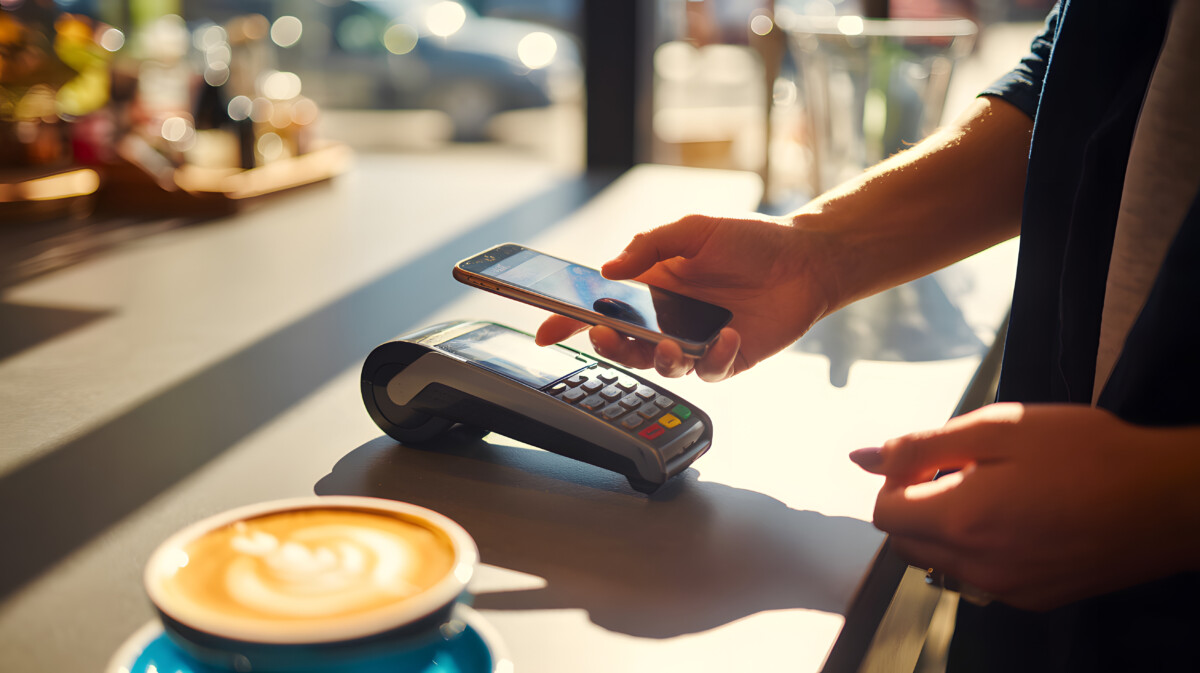 Person using smartphone to pay at a pos terminal with coffee cup on counter