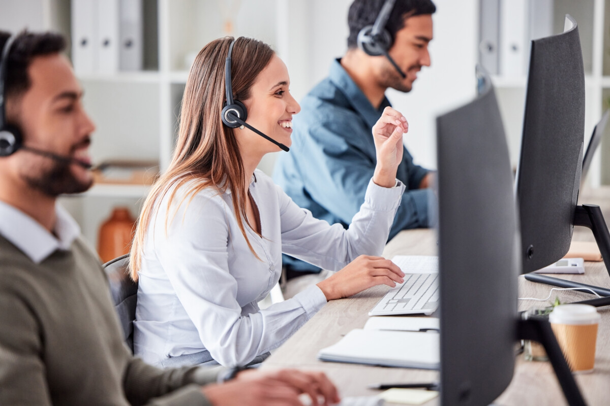 Call center team with headset and computer