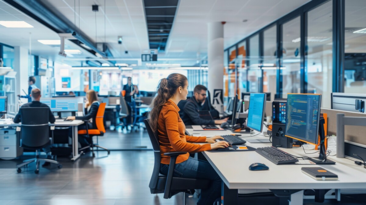 Woman Working at a Computer in an Open Office