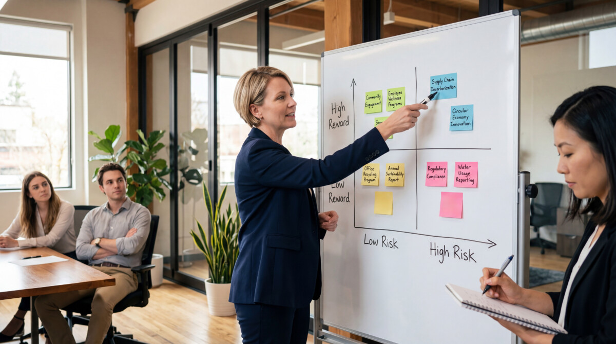 Workforce Compliance & Risk Management - riskreward matrix on whiteboard during corporate meeting with diverse business team