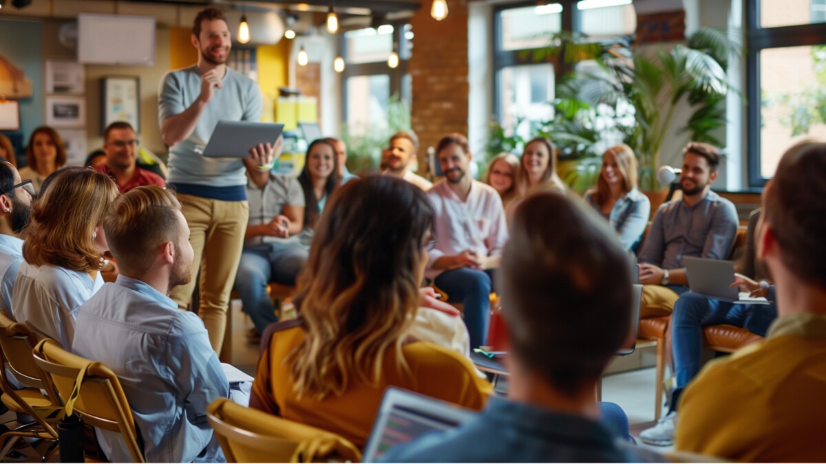 Learning, Upskilling & Workforce Development - training workshop, people sitting in chairs and smiling while listening to someone standing at the front holding up their laptop