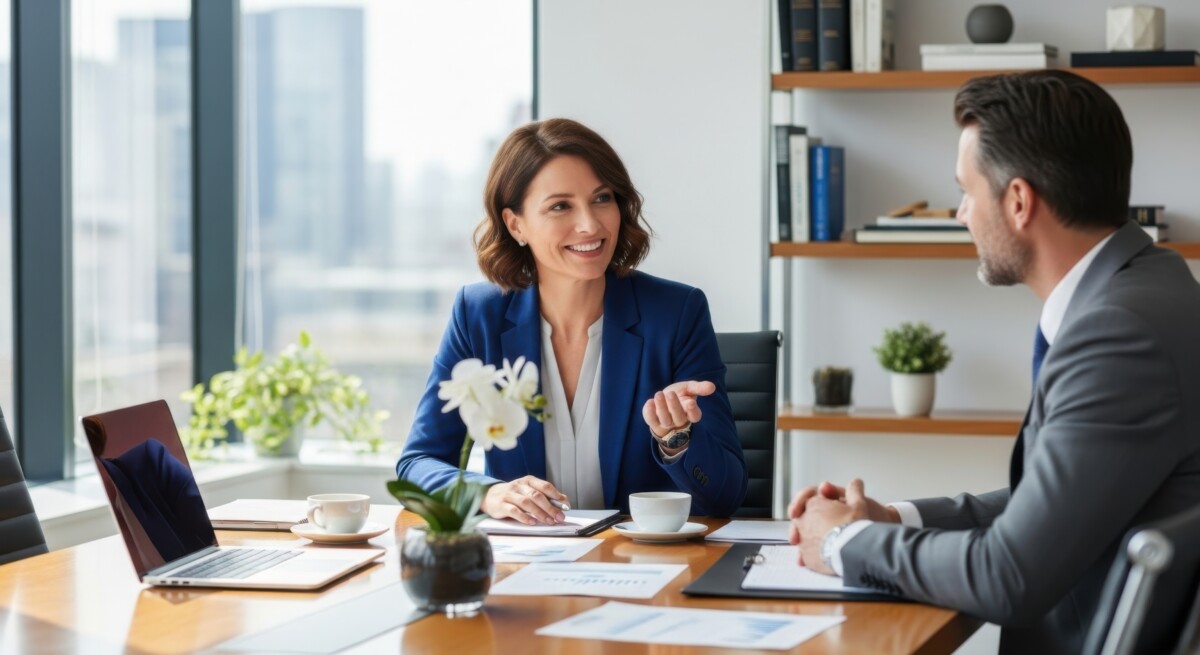 Continuous Performance & Feedback Management - Businesswoman leading a meeting consulting a male client