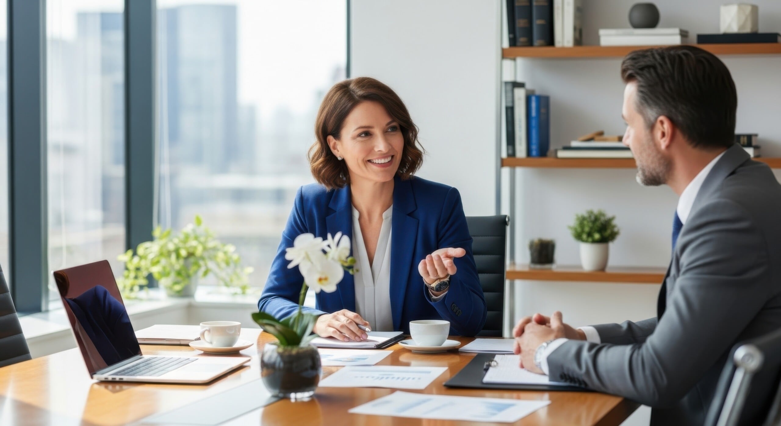 Businesswoman leading a meeting consulting a male client
