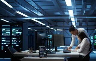 Team of specialists updating server room systems