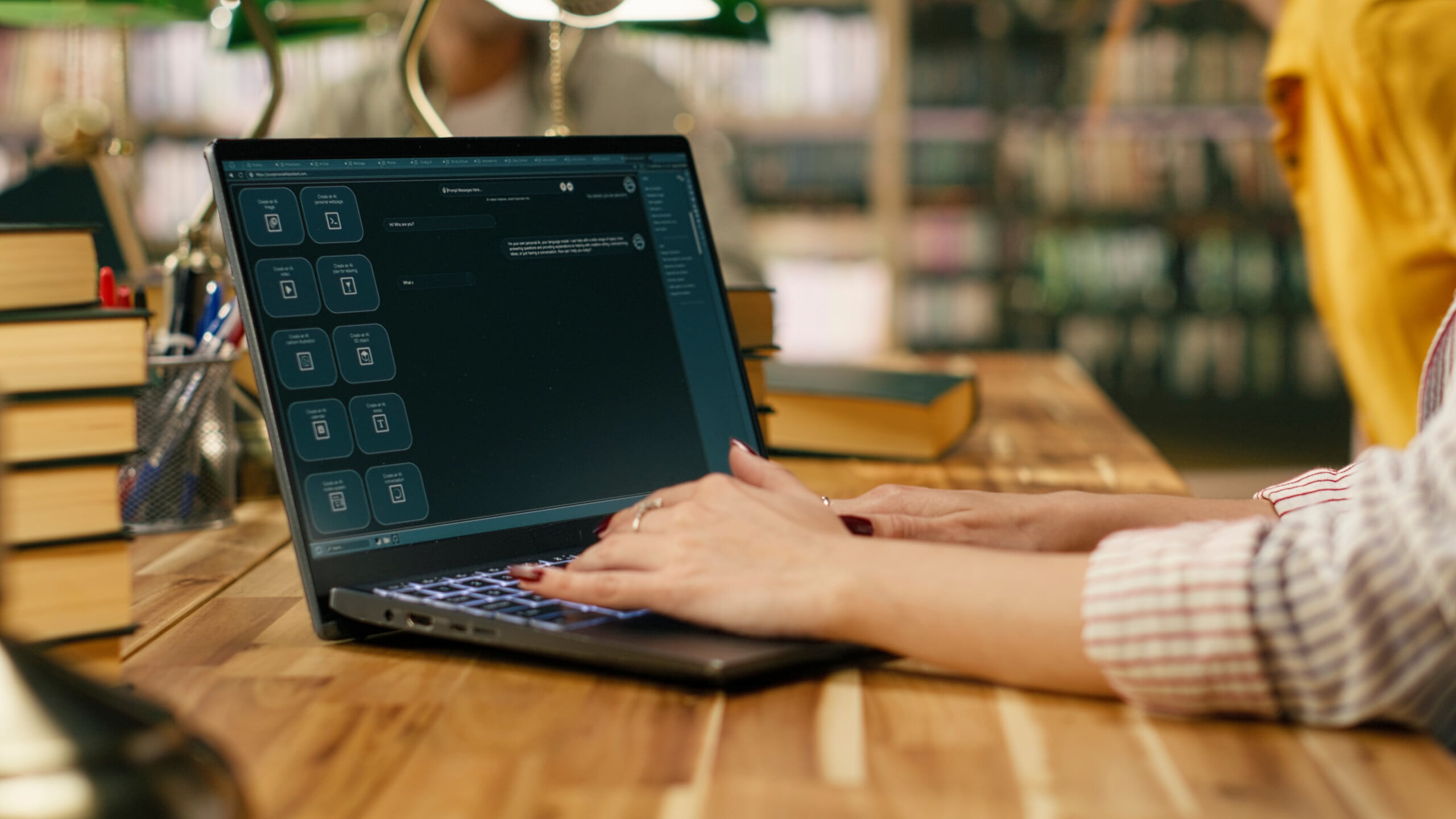 Student uses laptop with AI chatbot interface at library table