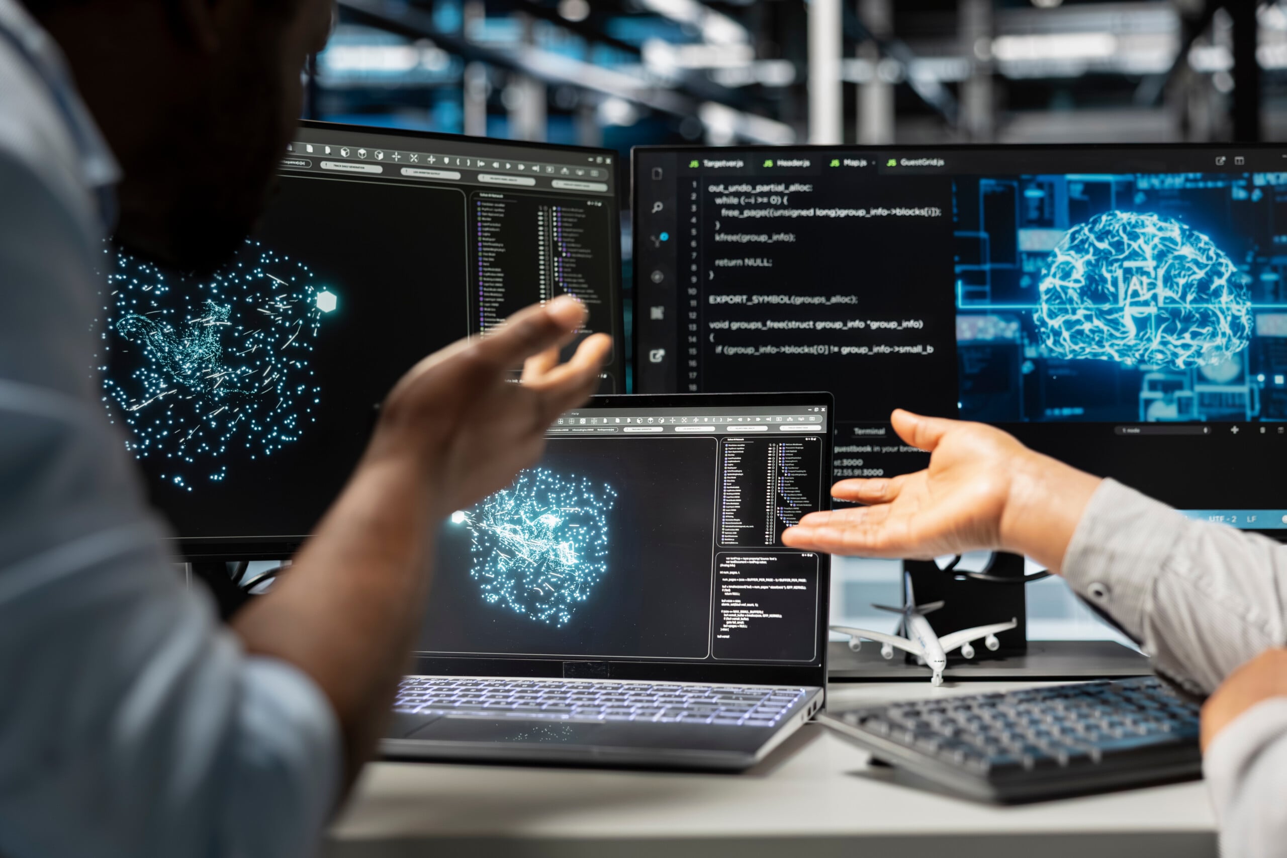 Server farm engineering team looks at data analysis graph